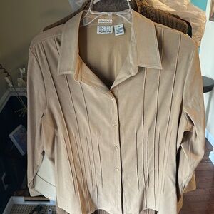 Tan Pleated Button Down Shirt with Notched Collar